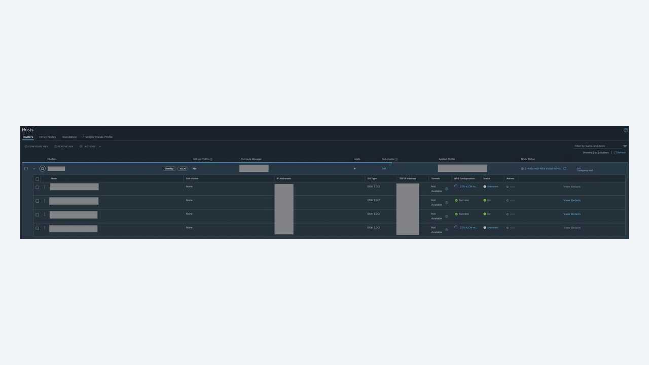 Data centre server racks with software installation progress overlaid on hypervisor hosts